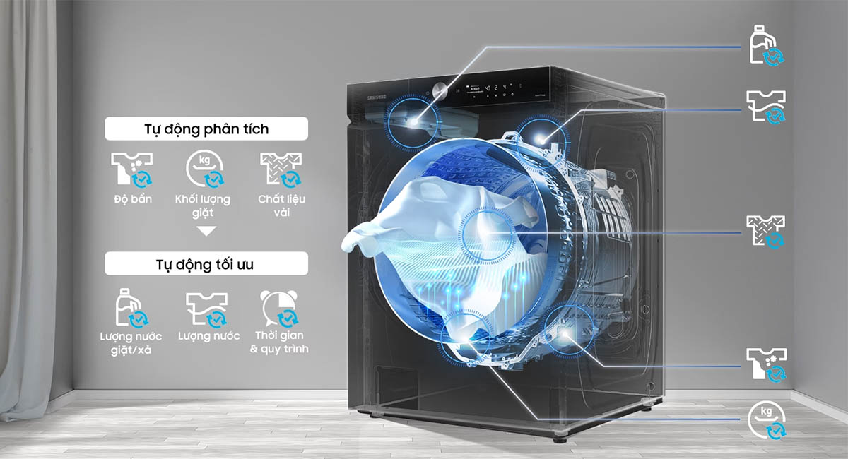 AI Wash tối ưu lượng nước giặt xả, lượng nước và thời gian giặt