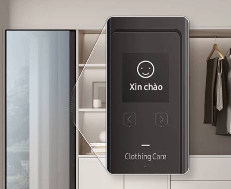 DF9000RM's Ai Function panel has Interactive Interface. Smile emoji and †Hello' message displays on the Clothing care panel.