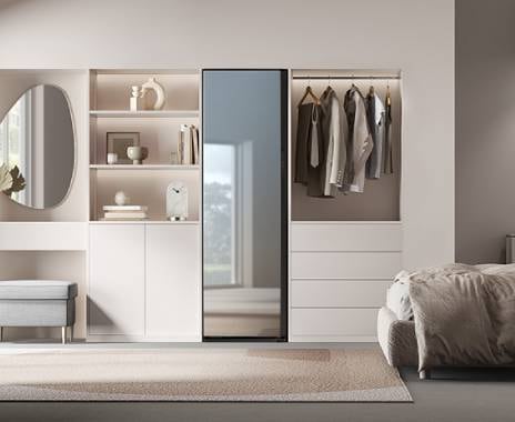 A Bespoke AirDresser is installed in the bedroom and crystal mirror panel reflects room.