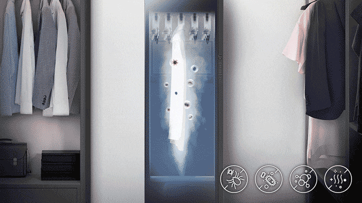 The steam is ejected from the bottom up, and the steam eliminates the house dust mite, bacteria, and virus from any clothes.